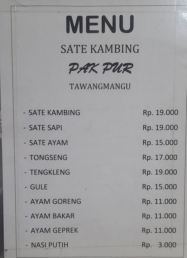 menu dan harga sate Kambing SKPP Tawangmangu