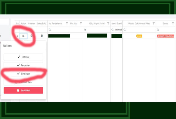 menu action bimbingan pada simkah