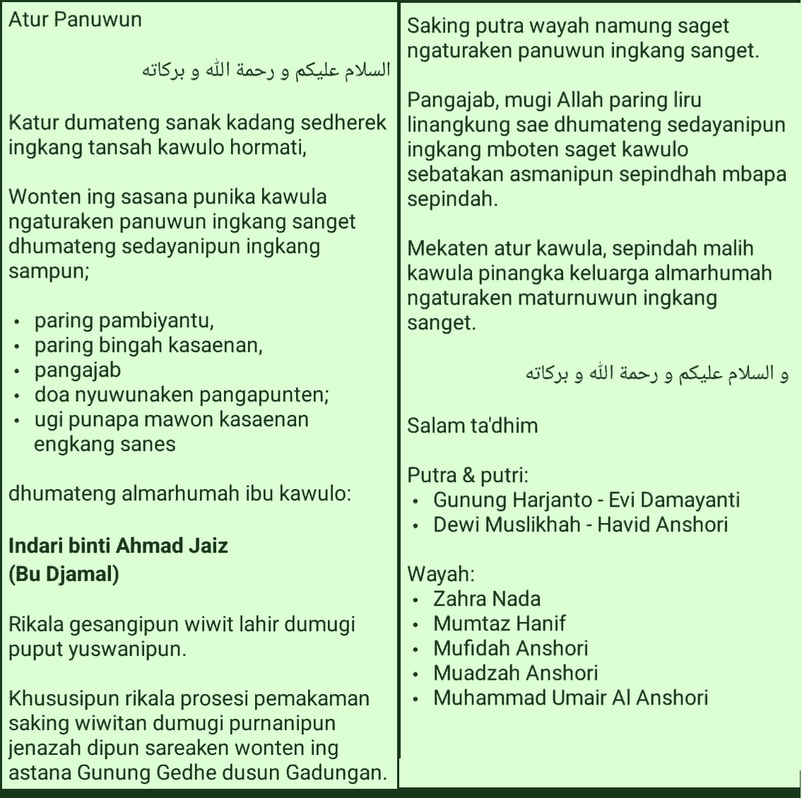 Ucapan Terima Kasih Atas Doa Orang Tua Meninggal Bahasa Jawa